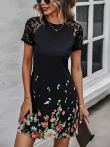 Breezaya 印花拼接蕾絲插肩袖連衣裙 - 黑色 - 查看 1