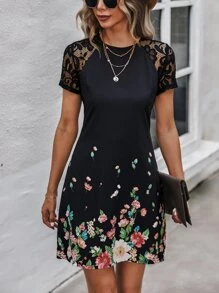 Breezaya 印花拼接蕾絲插肩袖連衣裙 - 黑色 - 查看 3