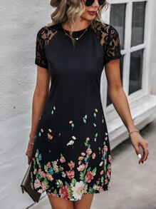 Breezaya 印花拼接蕾絲插肩袖連衣裙 - 黑色 - 查看 5