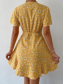 Breezaya 小碎花圍裹側繫帶洋裝 - 黃色 - 查看 2
