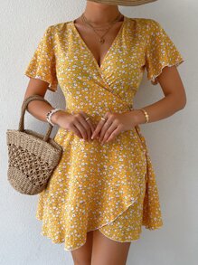 Breezaya 小碎花圍裹側繫帶洋裝 - 黃色 - 查看 5