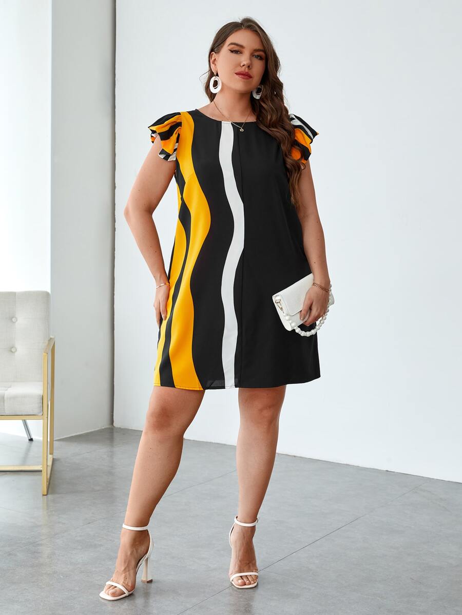 SHEIN Clasi Đầm Plus Size Xù màu trơn Giải trí - Màu vàng - Xem 1