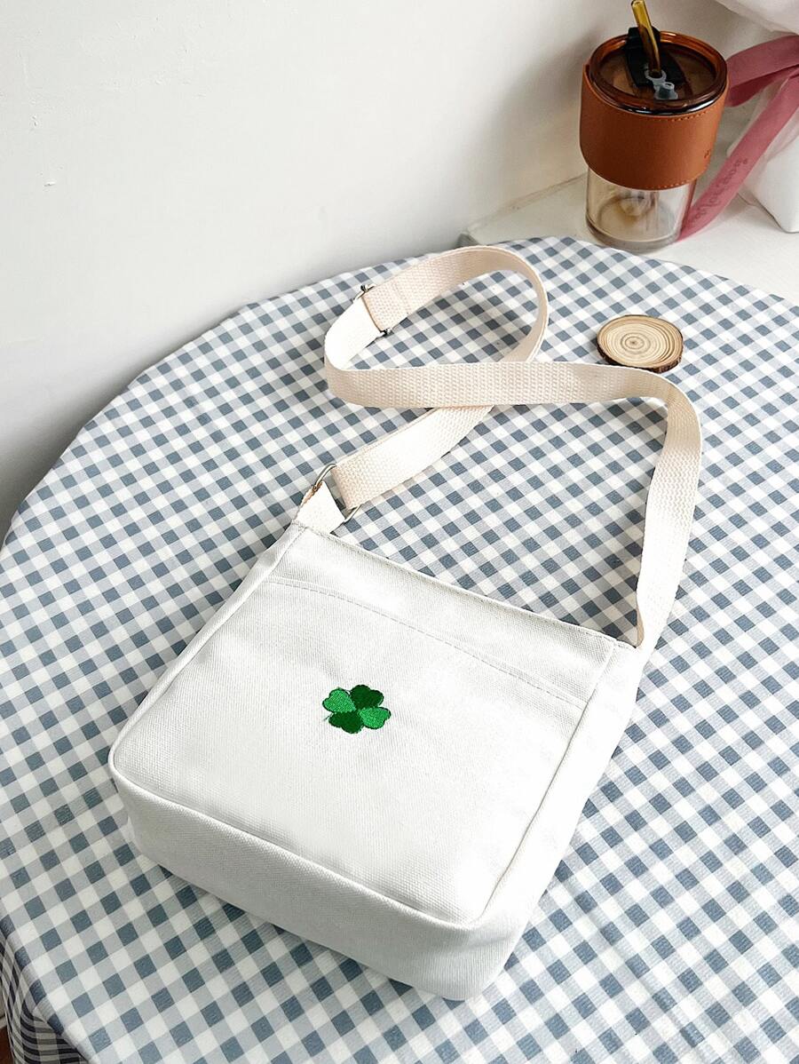 三葉草刺繡帆布斜挎包 - 白色 - 查看 1