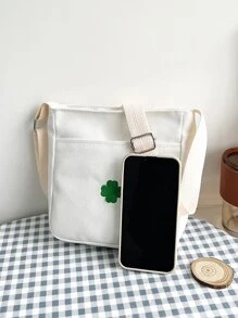 三葉草刺繡帆布斜挎包 - 白色 - 查看 3