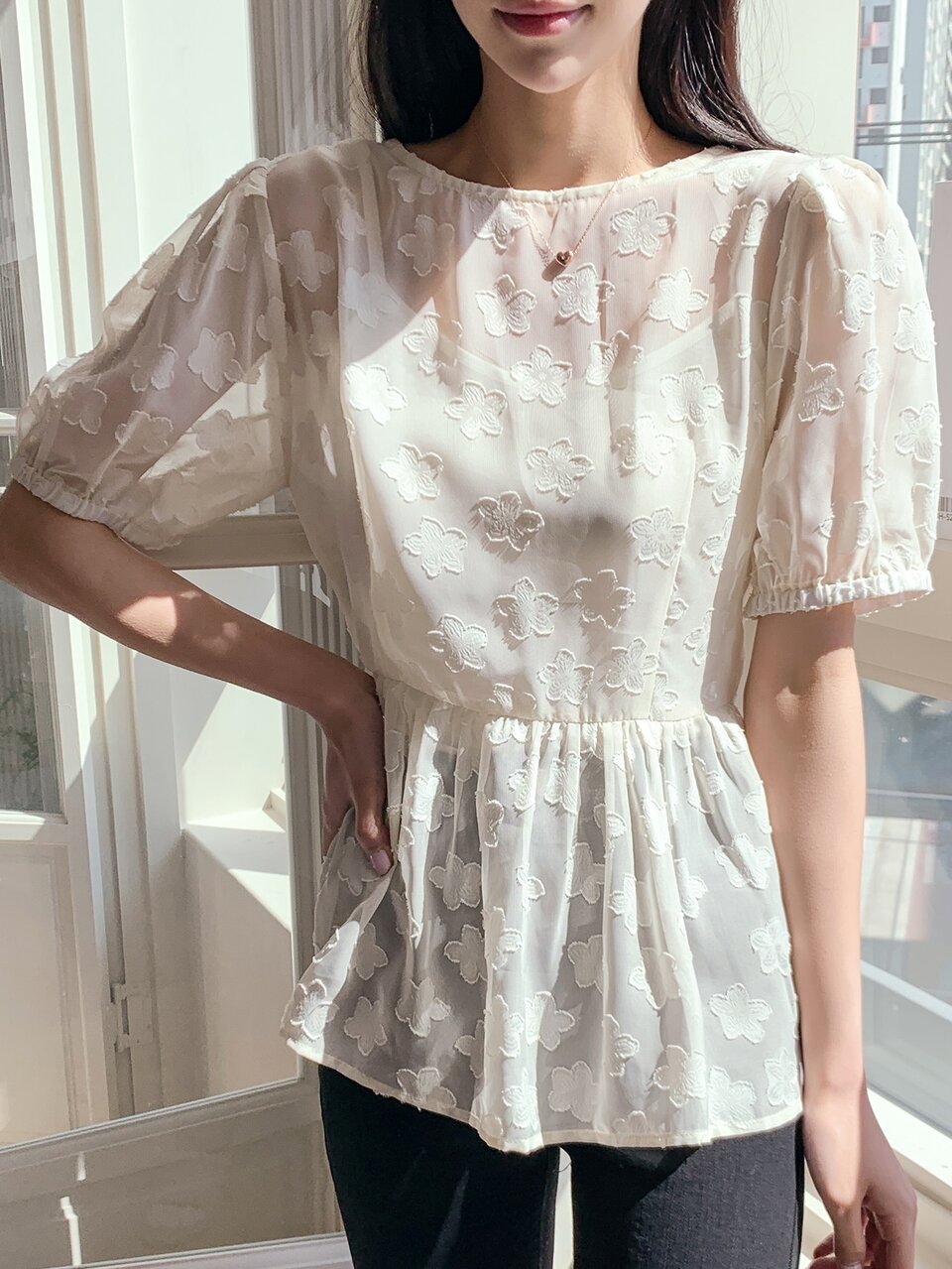 Floral Jacquard Puff Sleeve Peplum Blouse Without Camisole