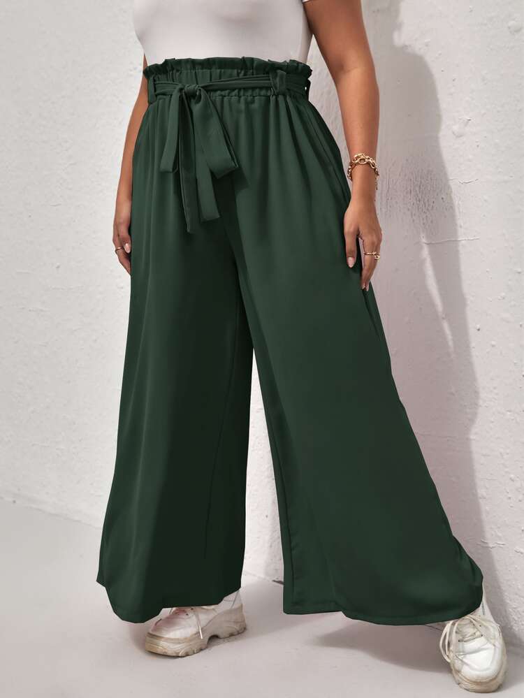 Calvaya Plus Paperbag Waist Belted Wide Leg Pants - Dark Green - View 4