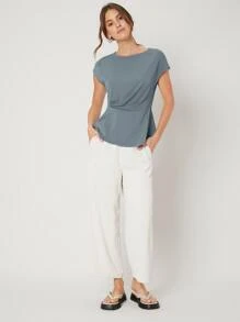MOTF PREMIUM GATHERED PEPLUM TOP - Dusty Blue - View 5