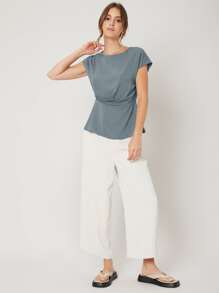 MOTF PREMIUM GATHERED PEPLUM TOP - Dusty Blue - View 6