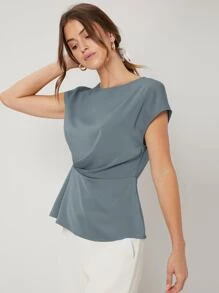 MOTF PREMIUM GATHERED PEPLUM TOP - Dusty Blue - View 10