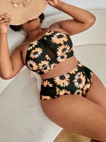 Plus Size Sunflower Print Mesh Insert High Waist Bikini Set Summer Beach - Multicolor - View 1