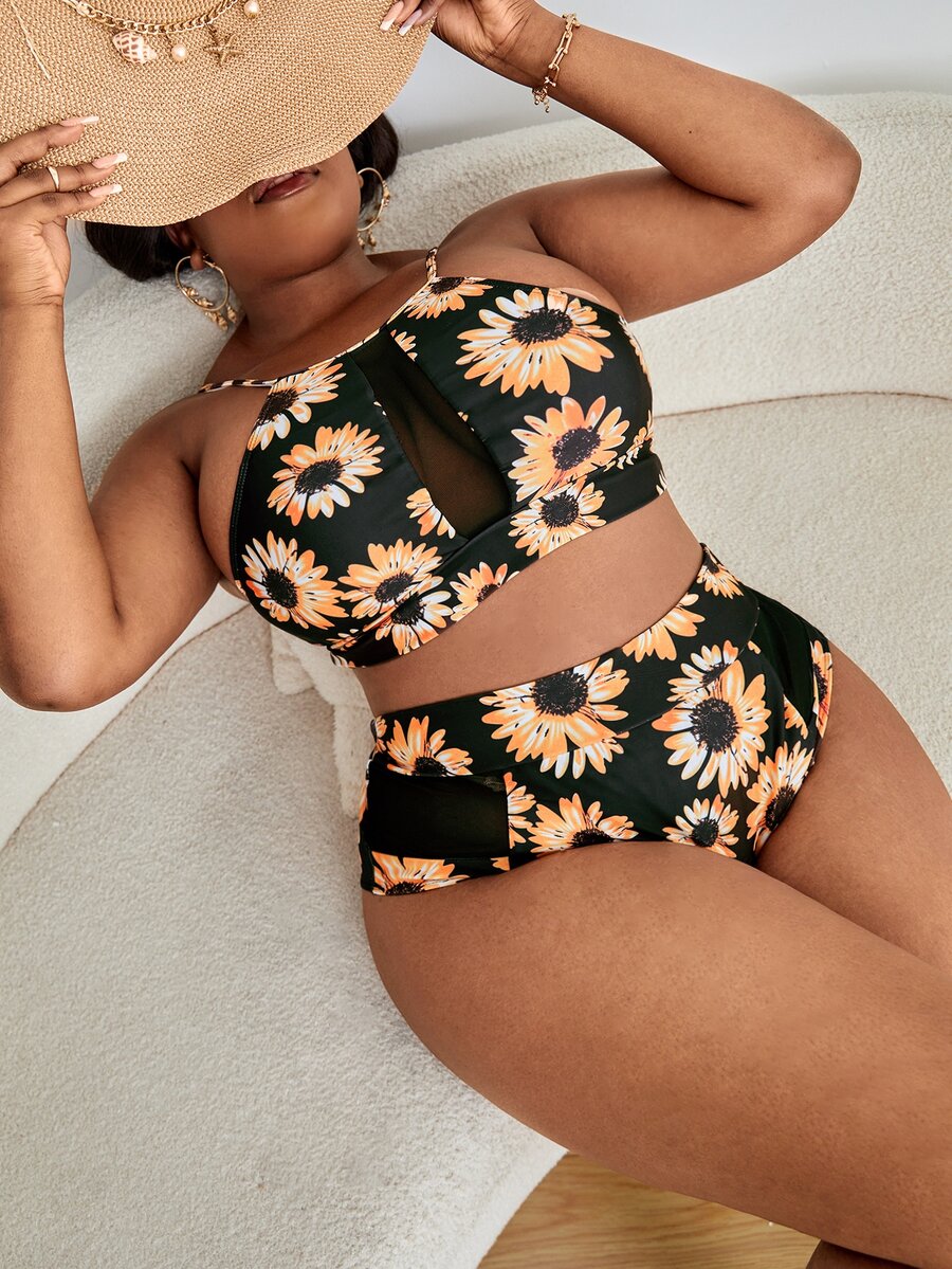 Plus Size Sunflower Print Mesh Insert High Waist Bikini Set Summer Beach - Multicolor - View 1