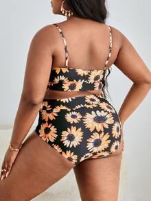 Plus Size Sunflower Print Mesh Insert High Waist Bikini Set Summer Beach - Multicolor - View 2