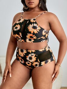 Plus Size Sunflower Print Mesh Insert High Waist Bikini Set Summer Beach - Multicolor - View 3