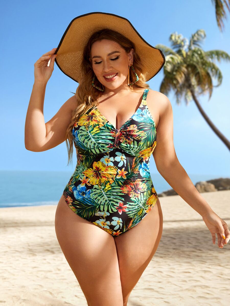 Swim Vcay Plus Tropical Print Ruched Cut Out Back One Piece Swimsuit, For Summer Beach Vacation - Multicolor - View 1