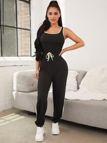 Contrast Binding Tie Front Sleep Jumpsuit - Black - View 3