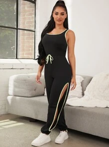 Contrast Binding Tie Front Sleep Jumpsuit - Black - View 1
