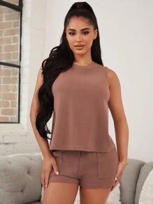 腰部抽繩斜口袋休閒服套裝 - 紅木色 - 查看 5