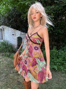 SHEIN ICON Grunge Tropical Print Contrast Lace Knot Front Cami Dress - Multicolor - View 5