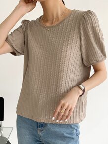 DAZY Seam Detail Puff Sleeve Tee - Mocha Brown - View 3