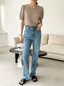 DAZY Seam Detail Puff Sleeve Tee - Mocha Brown - View 5