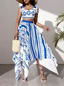 Breezaya Bộ đồ hai mảnh nữ Bất đối xứng Bộ lạc Boho - Xanh và trắng - Xem 1