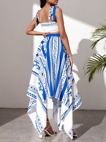 Breezaya Bộ đồ hai mảnh nữ Bất đối xứng Bộ lạc Boho - Xanh và trắng - Xem 2