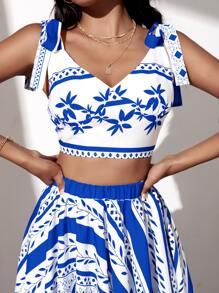 Breezaya Bộ đồ hai mảnh nữ Bất đối xứng Bộ lạc Boho - Xanh và trắng - Xem 5