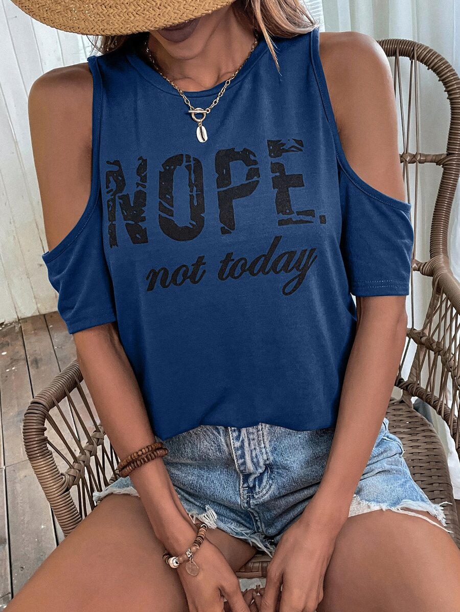 SHEIN LUNE Slogan Graphic Cold Shoulder Tee - Blue - View 1