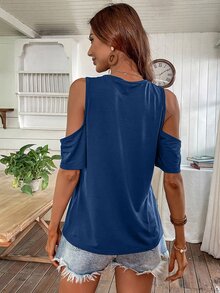 SHEIN LUNE Slogan Graphic Cold Shoulder Tee - Blue - View 2