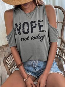 SHEIN LUNE Slogan Graphic Cold Shoulder Tee - Grey - View 1