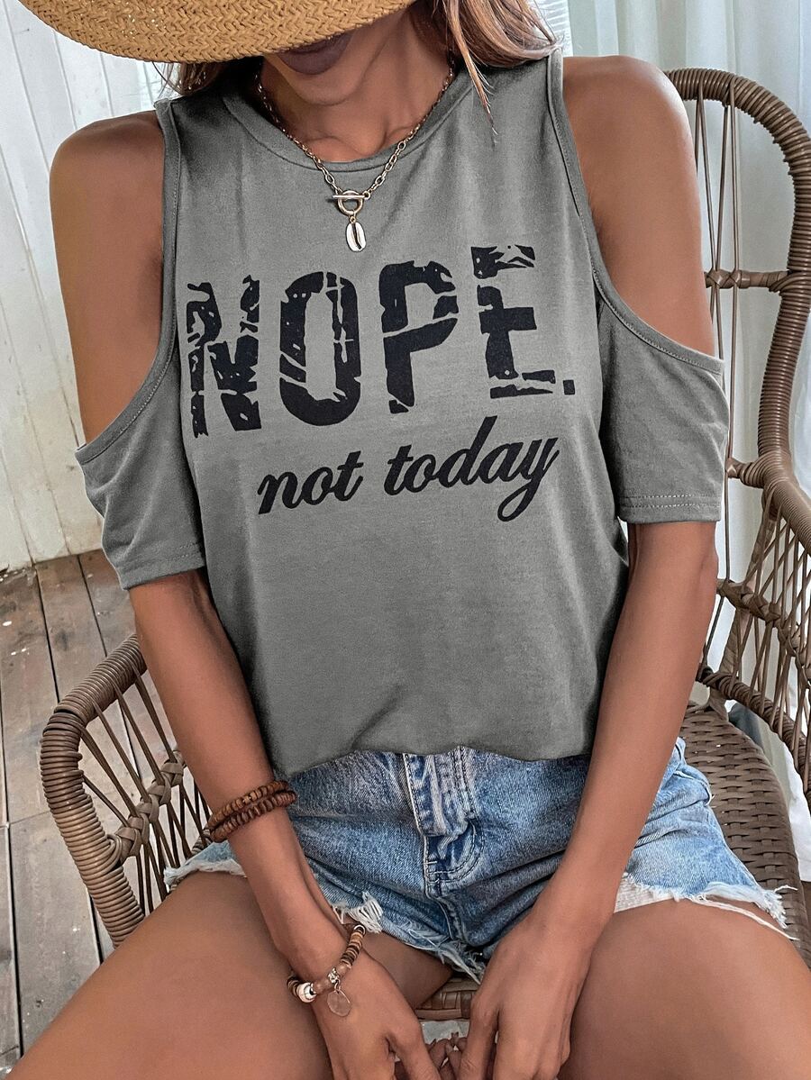 SHEIN LUNE Slogan Graphic Cold Shoulder Tee - Grey - View 1