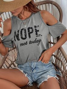 SHEIN LUNE Slogan Graphic Cold Shoulder Tee - Grey - View 5