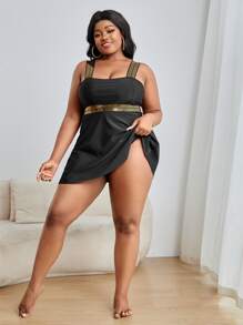 SHEIN Swim Curve Plus Size Stitch Detail Ruffle Hem High Waist Tankini Summer Beach - Black - View 3