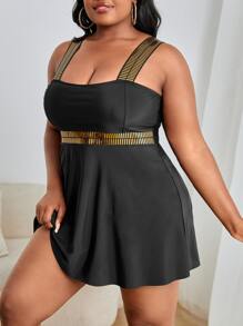 SHEIN Swim Curve Plus Size Stitch Detail Ruffle Hem High Waist Tankini Summer Beach - Black - View 4