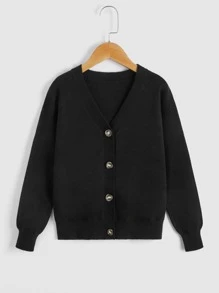 SHEIN 孩童女v領釦前羊毛衫 - 黑色 - 查看 4