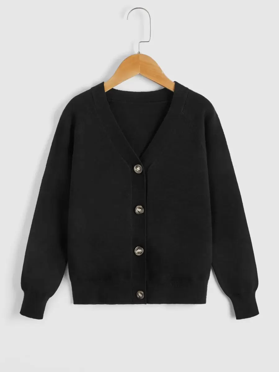 SHEIN Cô gái Tween Chất rắn Nút phía trước Áo len Mở - màu đen - Xem 1