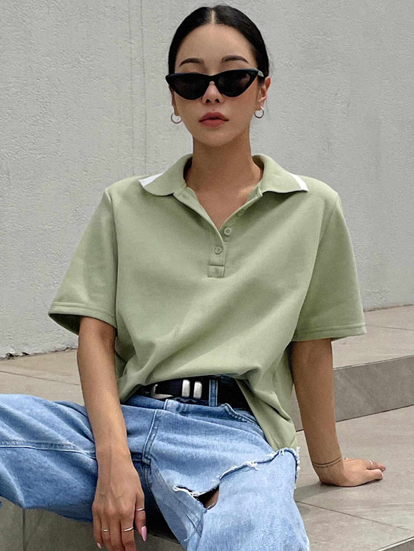DAZY Áo thun cổ polo viền tương phản - màu xanh lá - Xem 1