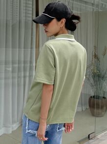 DAZY Áo thun cổ polo viền tương phản - màu xanh lá - Xem 2