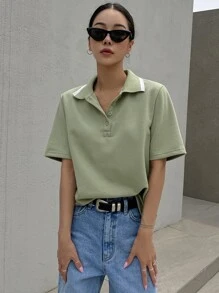 DAZY Áo thun cổ polo viền tương phản - màu xanh lá - Xem 3