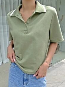 DAZY Áo thun cổ polo viền tương phản - màu xanh lá - Xem 4