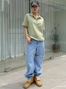 DAZY Áo thun cổ polo viền tương phản - màu xanh lá - Xem 6