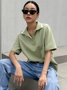 DAZY Áo thun cổ polo viền tương phản - màu xanh lá - Xem 7