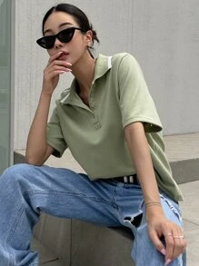 DAZY Áo thun cổ polo viền tương phản - màu xanh lá - Xem 8