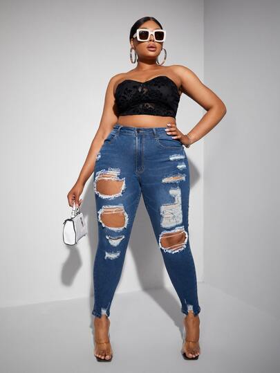 SHEIN プラス ベルトなし 穴あきスキニージーンズ SHEIN EZwear 穴あきスキニージーンズ | SHEIN JAPAN