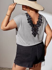 Áo thun Plus size Tương phản ren màu trơn Thanh lịch - Xám - Xem 1