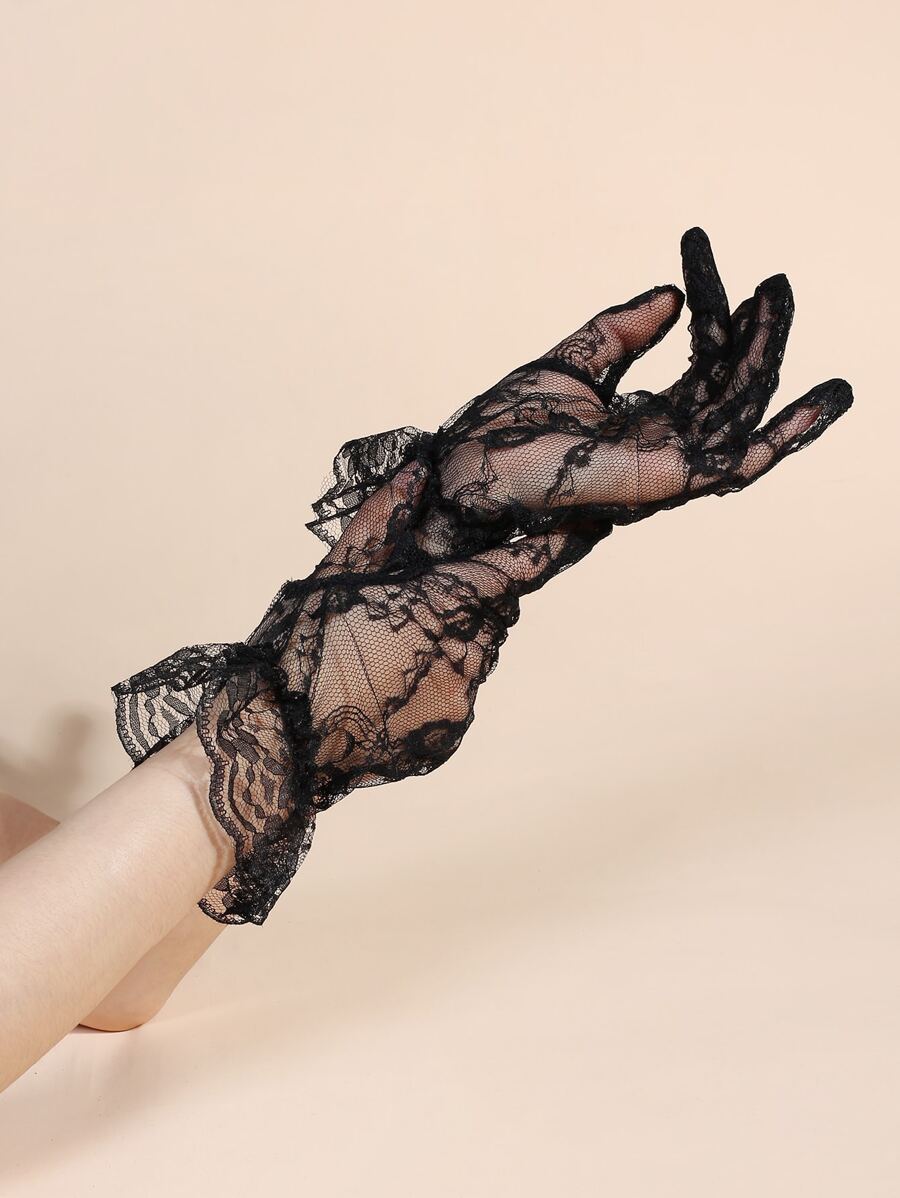 Elegant Floral Print Lace Gloves - Black - View 1