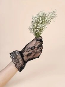 Elegant Floral Print Lace Gloves - Black - View 2