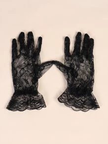 Elegant Floral Print Lace Gloves - Black - View 3