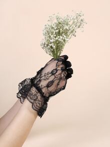 Elegant Floral Print Lace Gloves - Black - View 4