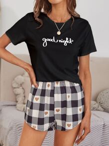 Letter Graphic Tee & Heart & Buffalo Quần short kẻ sọc PJ Set / Pyjama Set - Nhiều màu - Xem 3